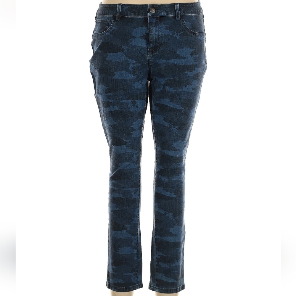 G.I.L.I. High Rise Skinny Leg Camouflage Legging Jegging, 14, Blue & Black